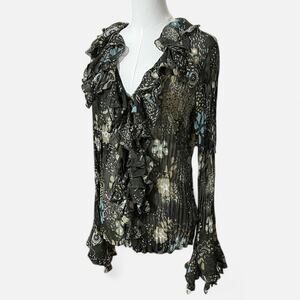 VTG Y2K Kaelyn Max Sheer Mossy Green Floral Pleated Bell Sleeve Ruffle Top L